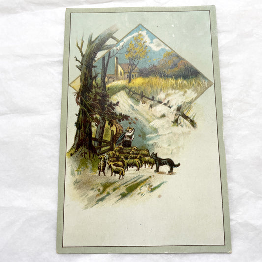 Late 19th - Two Vintage Chromolithograph Art Cards - Rural Winter & Shepherd Scenes - Original Victorian Era - Set Of Decorative Prints
