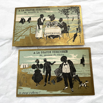 1900s - Two French Advertising Trade Cards - A La Grande Chemiserie - Paris - Vintage Chromo Illustration - Collectible Ephemera