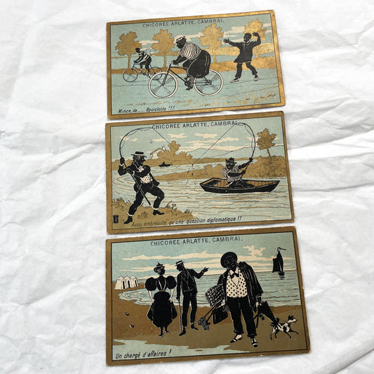 Late 19th - Three Vintage French Advertising Trade Cards - Humorous Scenes - Early Cycling Fishing Beach - Belle Epoque Ephemera.