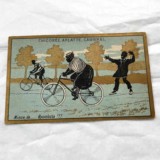 Late 19th - Three Vintage French Advertising Trade Cards - Humorous Scenes - Early Cycling Fishing Beach - Belle Epoque Ephemera.