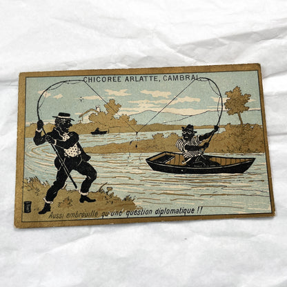 Late 19th - Three Vintage French Advertising Trade Cards - Humorous Scenes - Early Cycling Fishing Beach - Belle Epoque Ephemera.