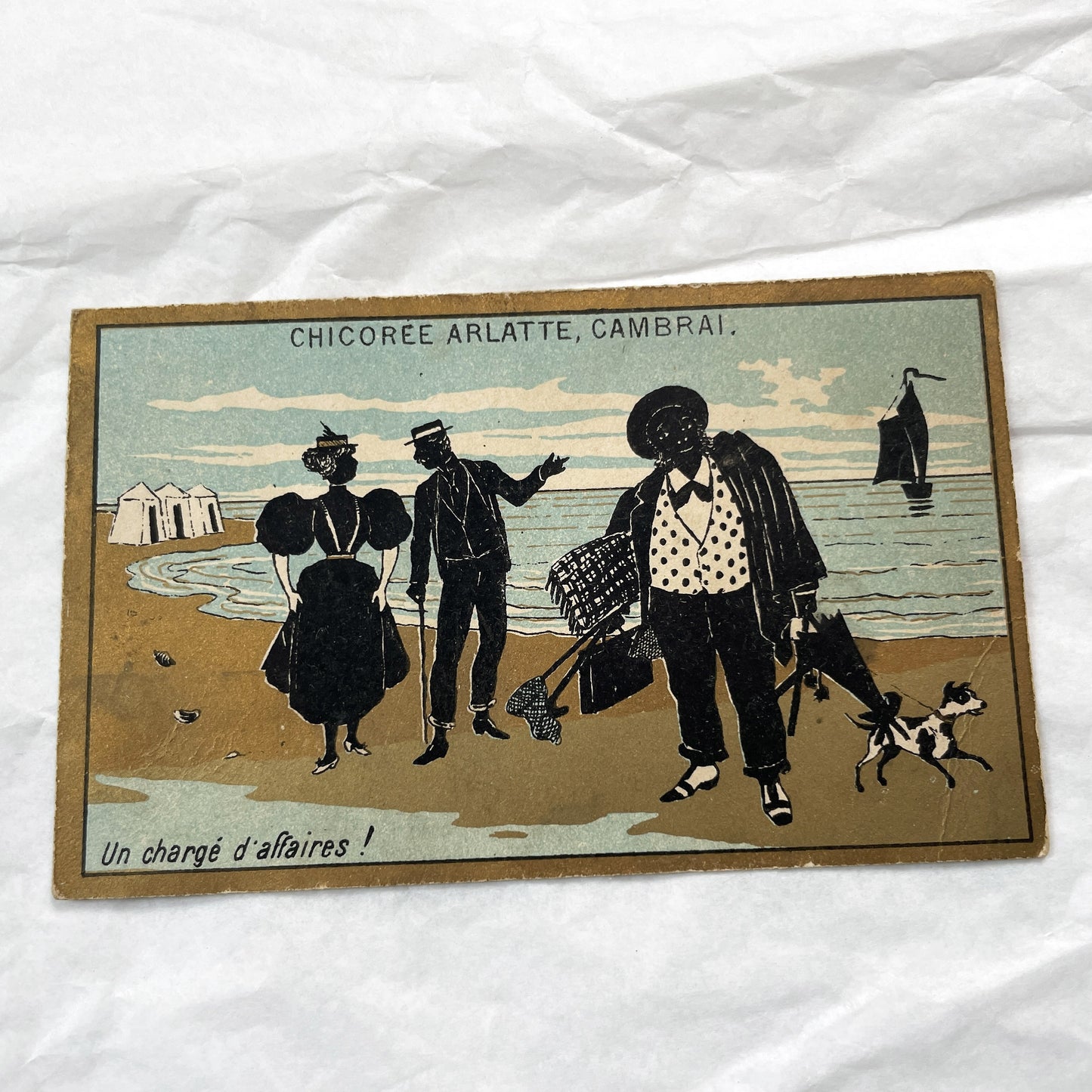 Late 19th - Three Vintage French Advertising Trade Cards - Humorous Scenes - Early Cycling Fishing Beach - Belle Epoque Ephemera.