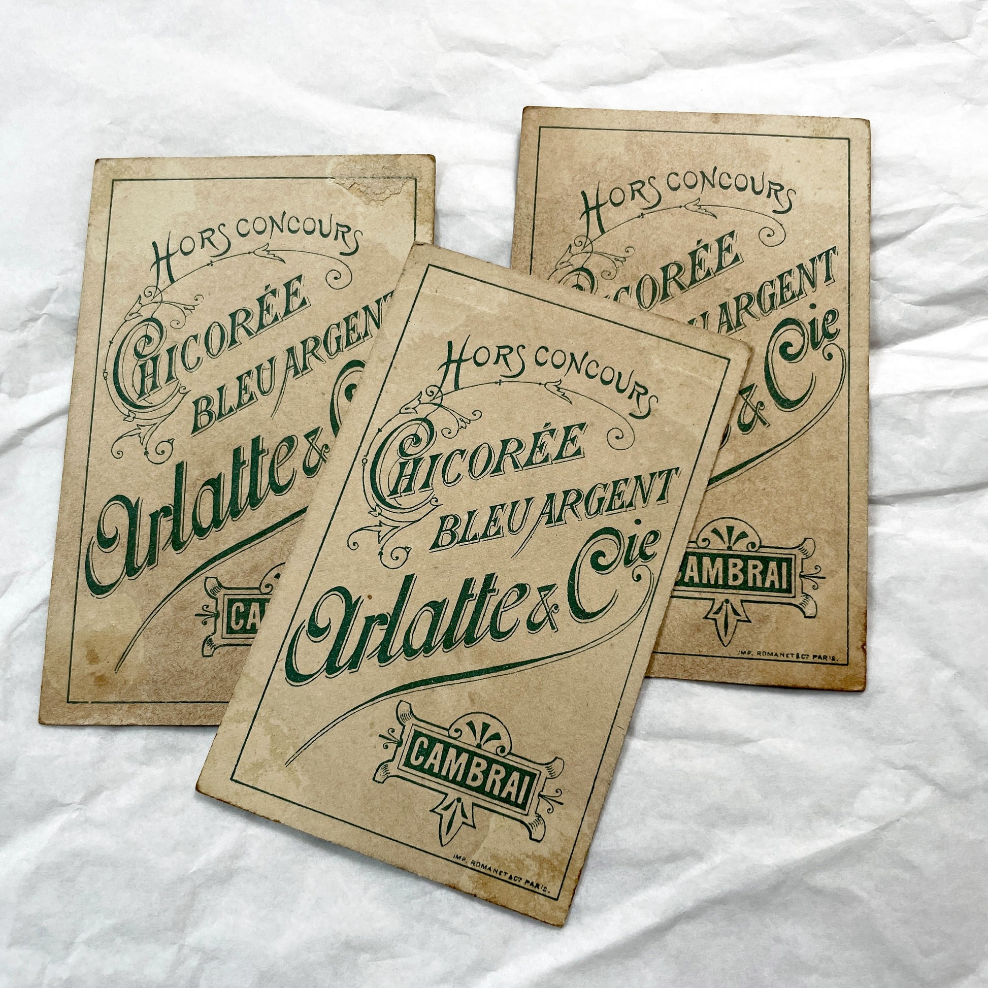 Late 19th - Three Vintage French Advertising Trade Cards - Humorous Scenes - Early Cycling Fishing Beach - Belle Epoque Ephemera.