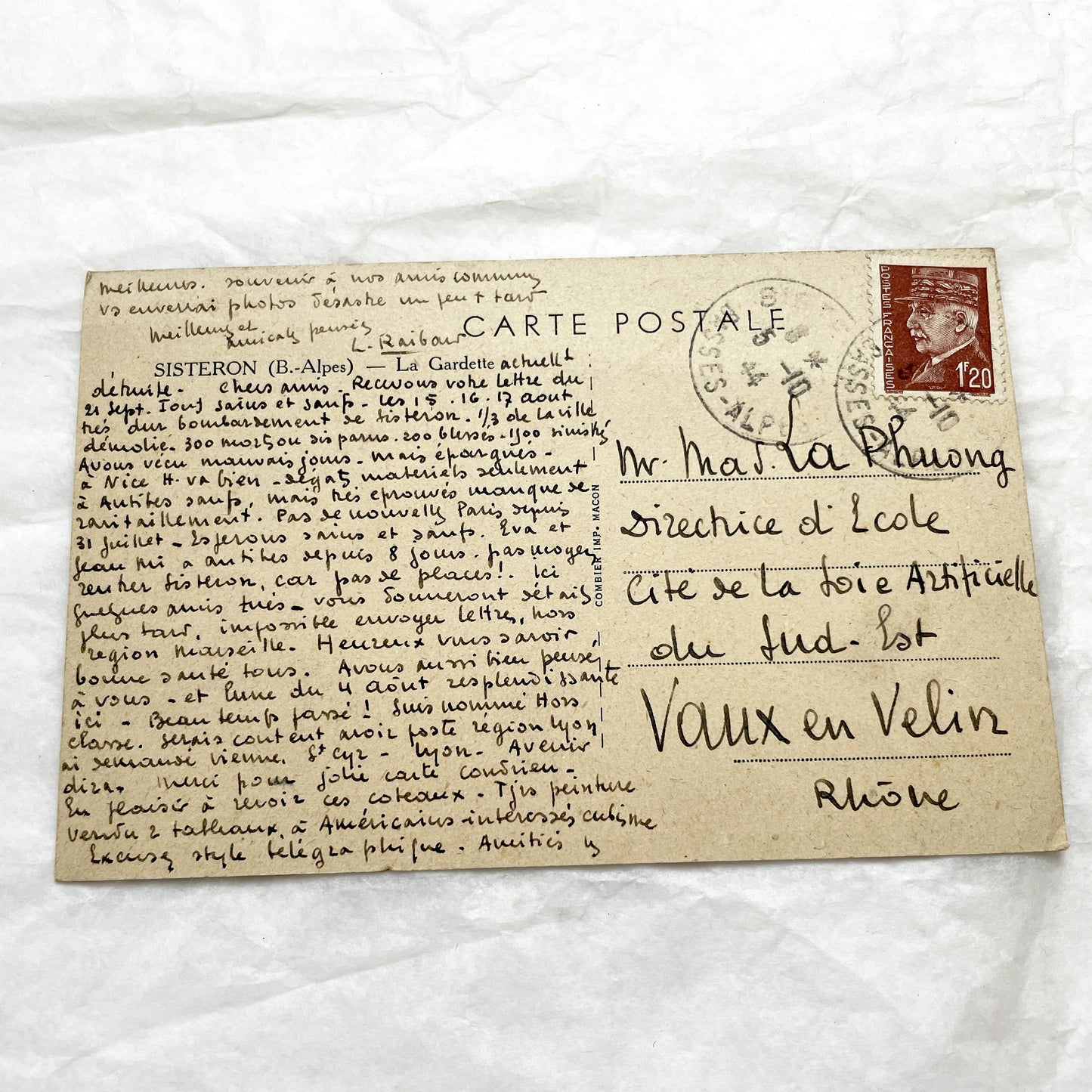 1940s - Historic WWII French Postcard - Sisteron Bombing 1944 - War Correspondence - Marshal Pétain Stamp - Beautiful Handwriting