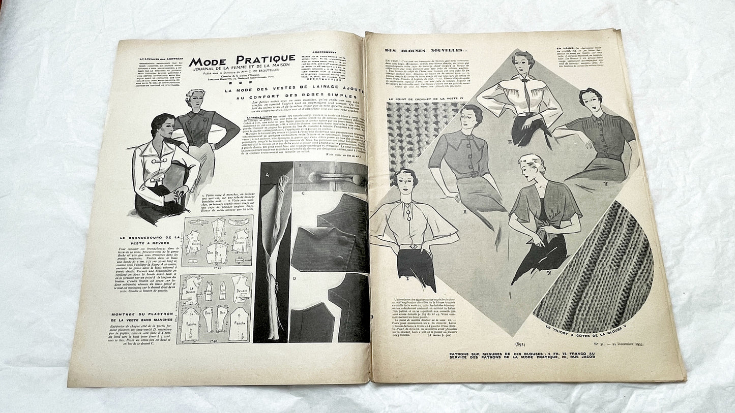 1930s - Vintage French Fashion Magazine - Mode Pratique - Original Period Style - Sewing Patterns - Classic Elegance - Collectible