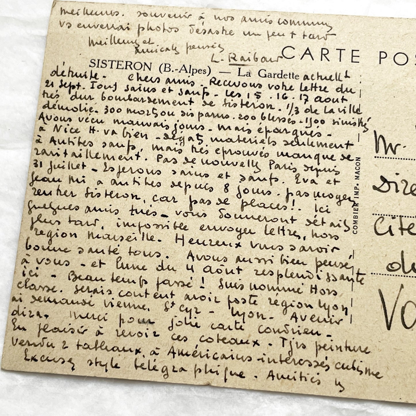 1940s - Historic WWII French Postcard - Sisteron Bombing 1944 - War Correspondence - Marshal Pétain Stamp - Beautiful Handwriting