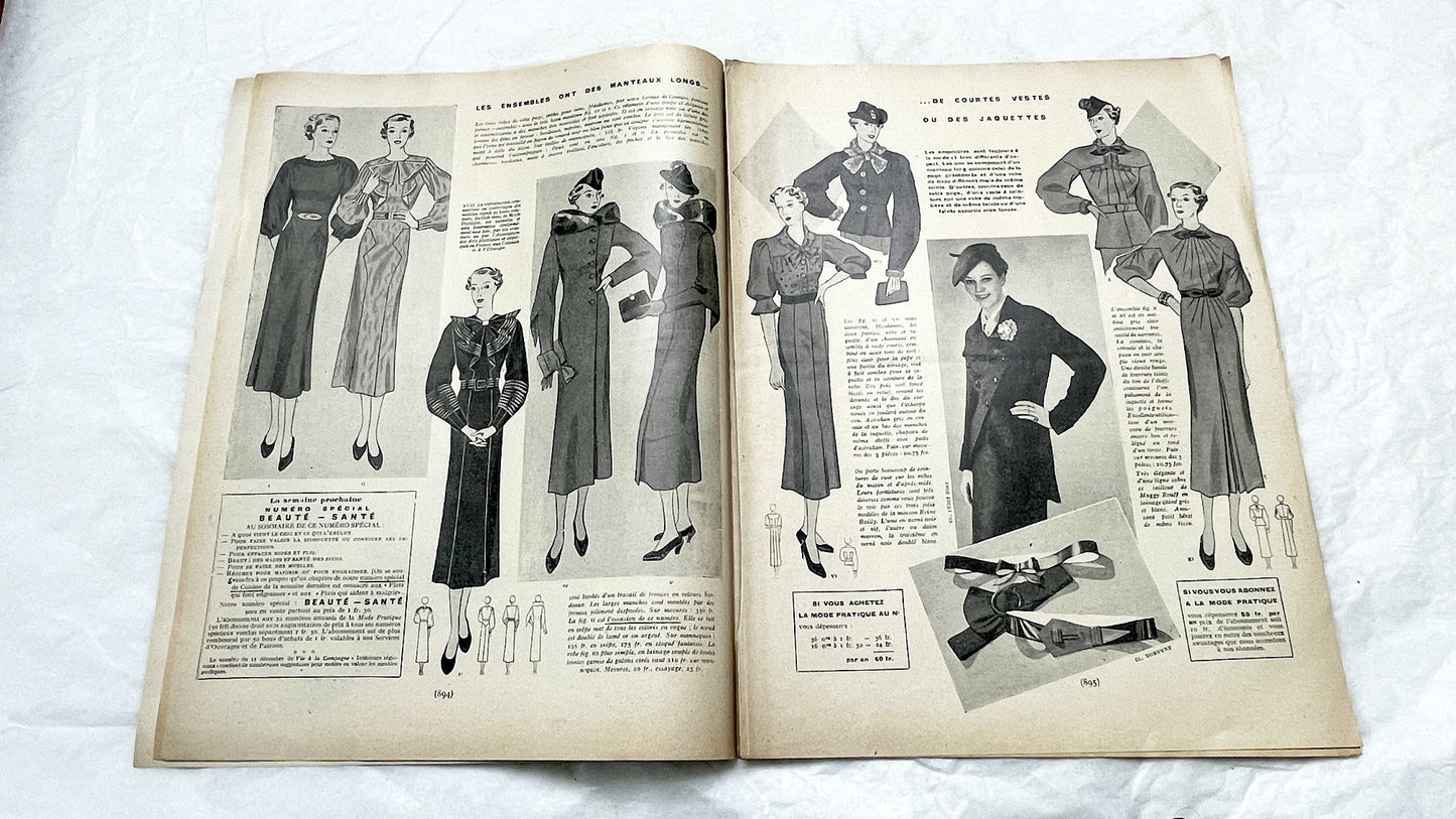 1930s - Vintage French Fashion Magazine - Mode Pratique - Original Period Style - Sewing Patterns - Classic Elegance - Collectible