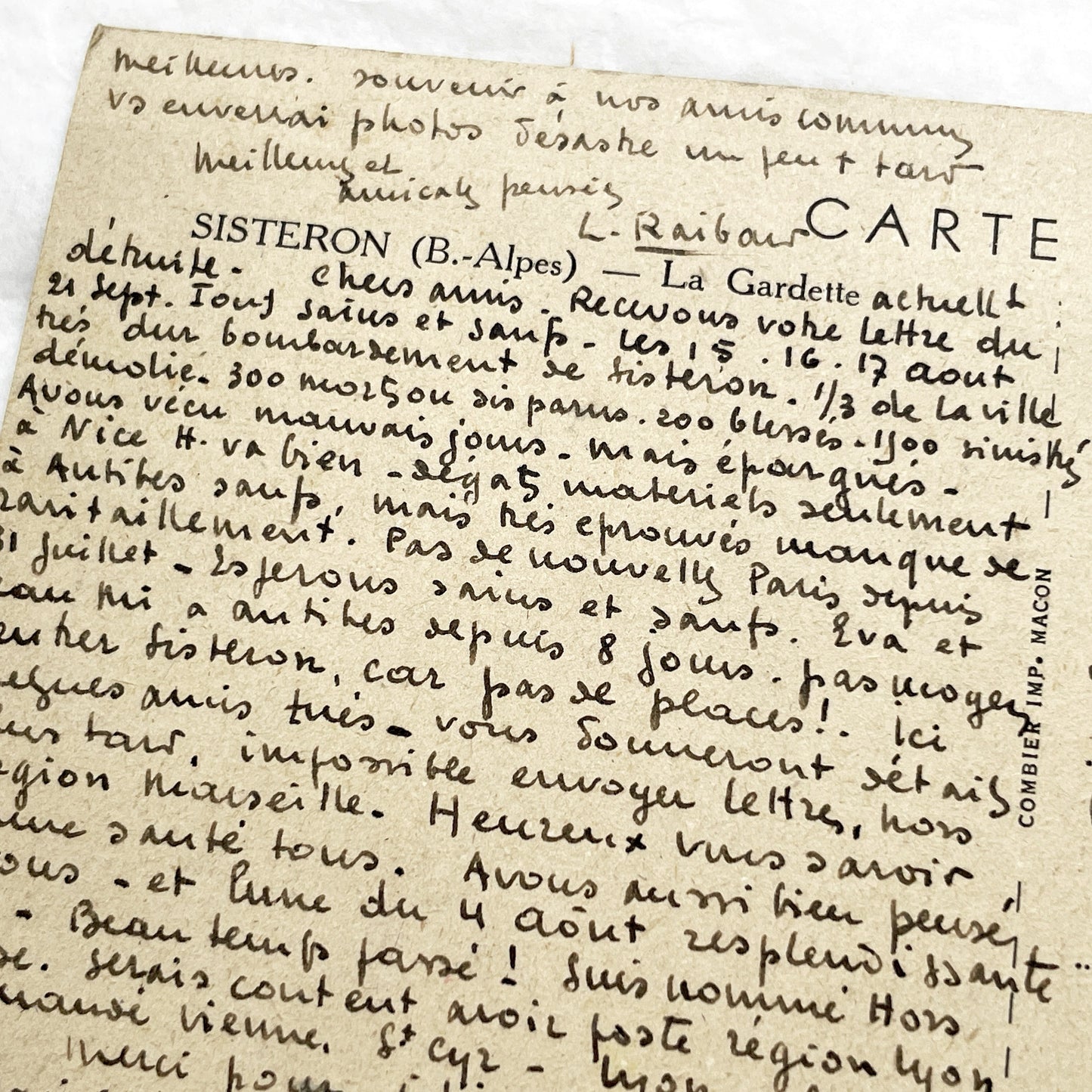 1940s - Historic WWII French Postcard - Sisteron Bombing 1944 - War Correspondence - Marshal Pétain Stamp - Beautiful Handwriting