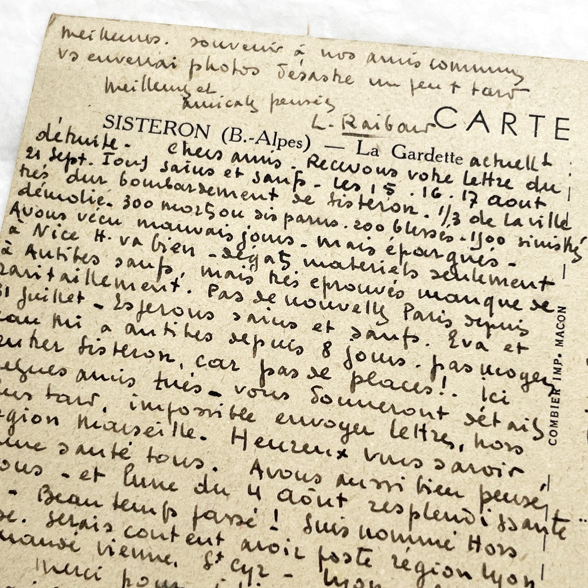 1940s - Historic WWII French Postcard - Sisteron Bombing 1944 - War Correspondence - Marshal Pétain Stamp - Beautiful Handwriting