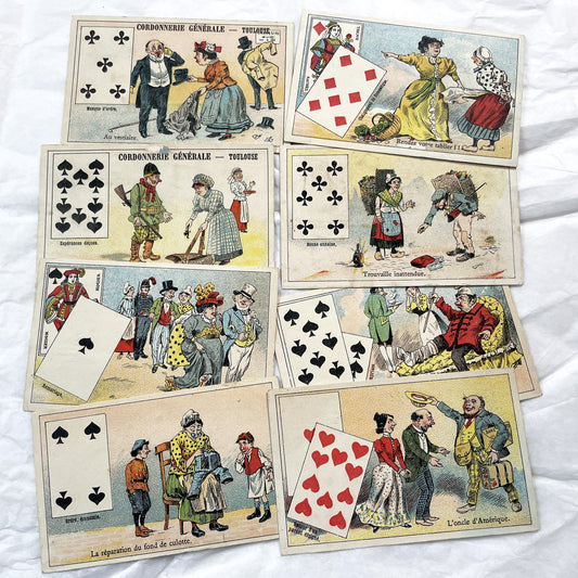 Late 19th Century French Advertising Chromos - Cordonnerie Générale Toulouse - Humorous Playing Card Art - Belle Époque Ephemera Collection
