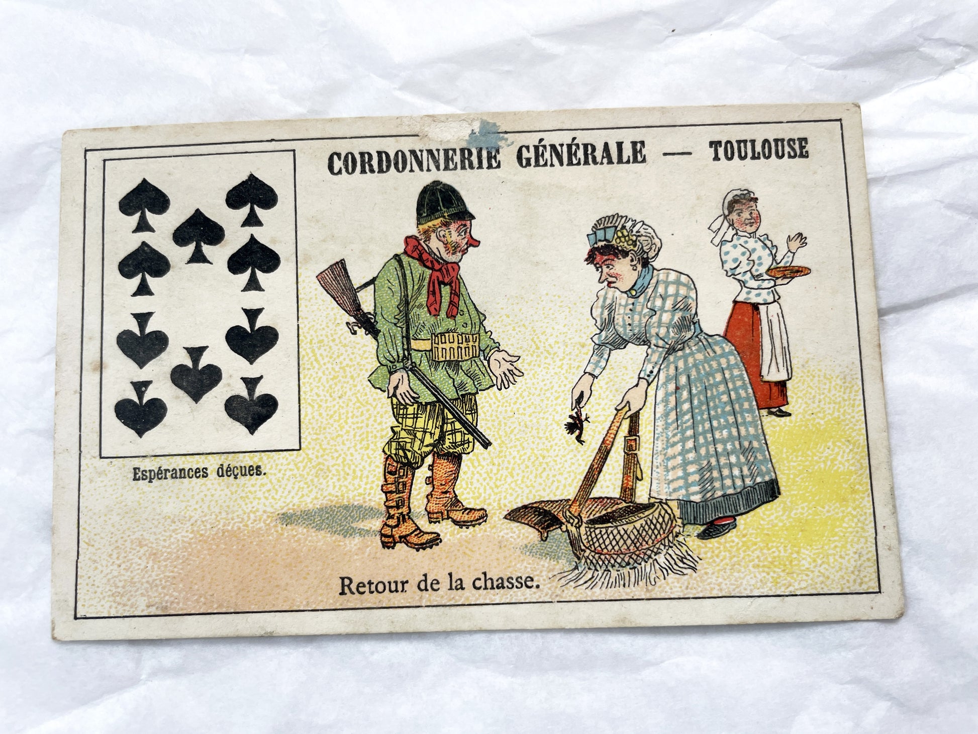 Late 19th Century French Advertising Chromos - Cordonnerie Générale Toulouse - Humorous Playing Card Art - Belle Époque Ephemera Collection