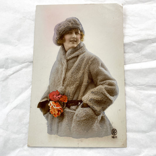 1920s - Vintage Fashion Postcard - Elegant Woman Fur Coat - Fur Hat - Hand-Colored Original Real Photo - Flapper Era Winter Style