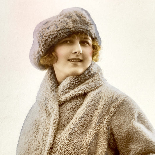 1920s - Vintage Fashion Postcard - Elegant Woman Fur Coat - Fur Hat - Hand-Colored Original Real Photo - Flapper Era Winter Style