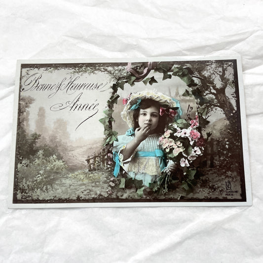1910s - French New Year Postcard - Hand-Colored Young Girl Portrait with Flowers - Edwardian Era Greeting Card - Paris Art Publishers