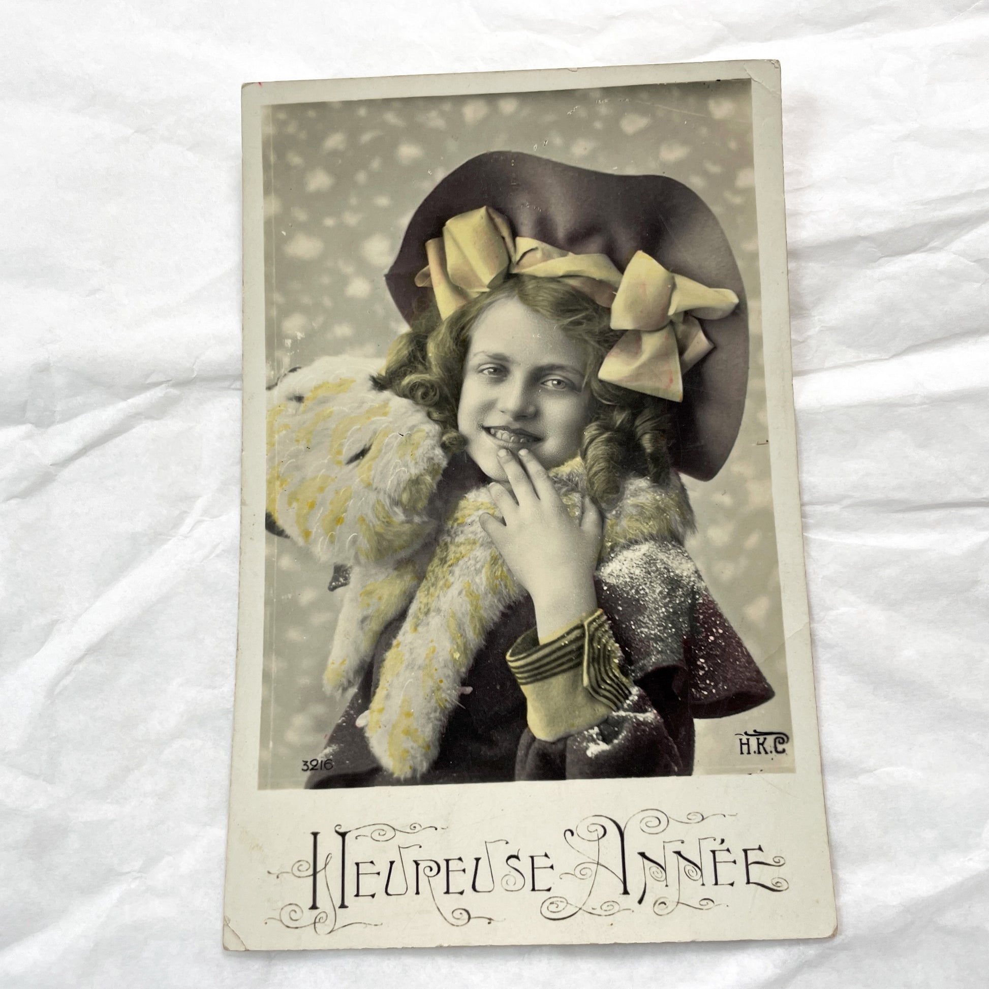 1900s - French New Year Postcard - Cheerful Young Girl in Hat - Hand-Tinted Sepia Portrait - Heureuse Annee Greeting - Vintage Ephemera