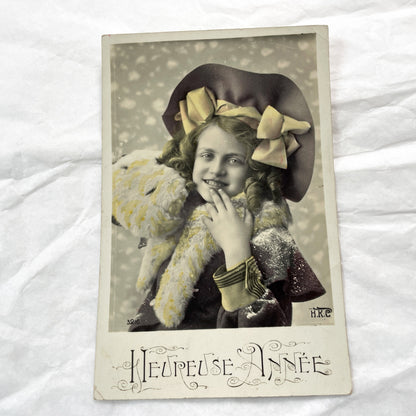 1900s - French New Year Postcard - Cheerful Young Girl in Hat - Hand-Tinted Sepia Portrait - Heureuse Annee Greeting - Vintage Ephemera
