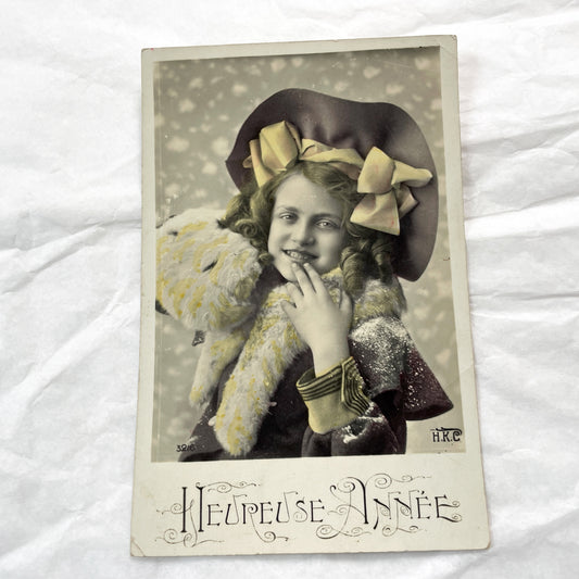 1900s - French New Year Postcard - Cheerful Young Girl in Hat - Hand-Tinted Sepia Portrait - Heureuse Annee Greeting - Vintage Ephemera