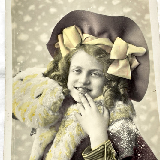 1900s - French New Year Postcard - Cheerful Young Girl in Hat - Hand-Tinted Sepia Portrait - Heureuse Annee Greeting - Vintage Ephemera