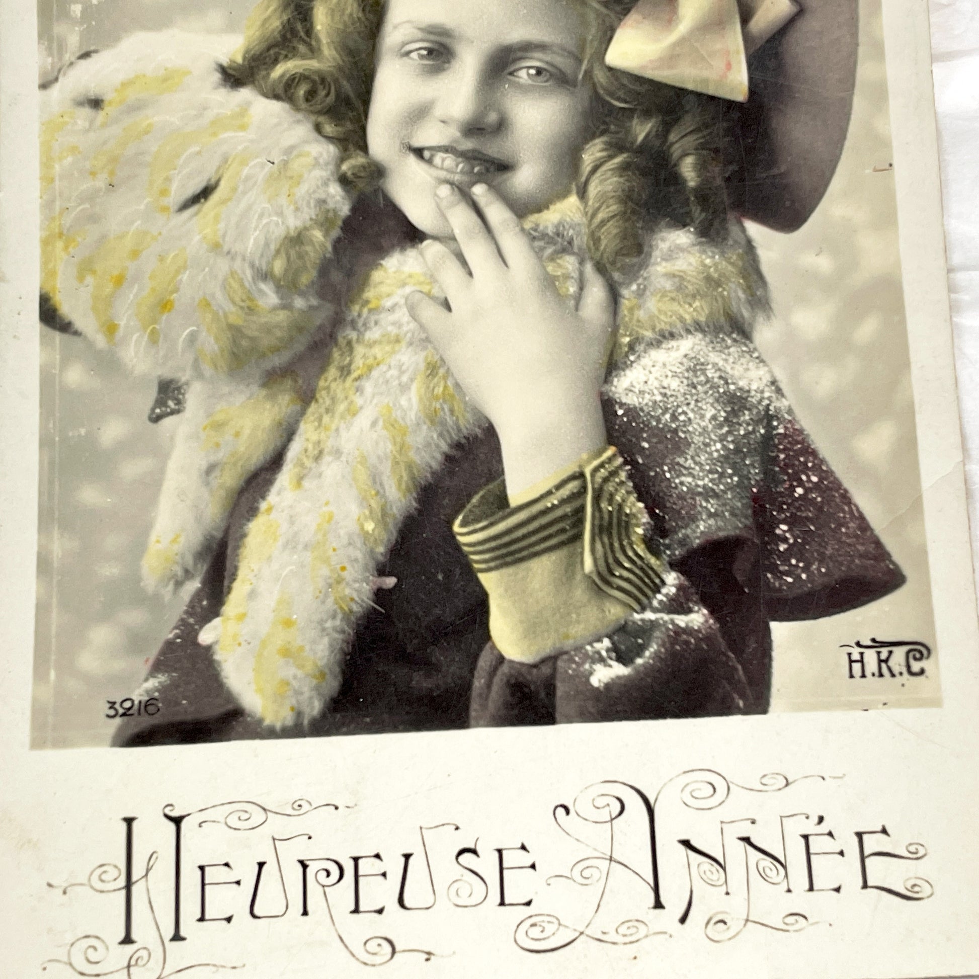 1900s - French New Year Postcard - Cheerful Young Girl in Hat - Hand-Tinted Sepia Portrait - Heureuse Annee Greeting - Vintage Ephemera