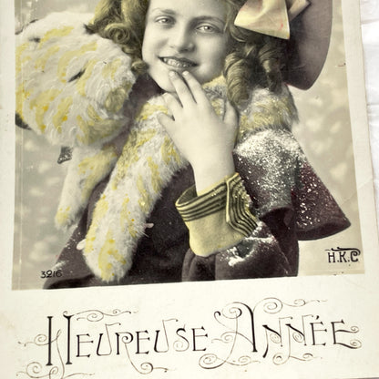 1900s - French New Year Postcard - Cheerful Young Girl in Hat - Hand-Tinted Sepia Portrait - Heureuse Annee Greeting - Vintage Ephemera