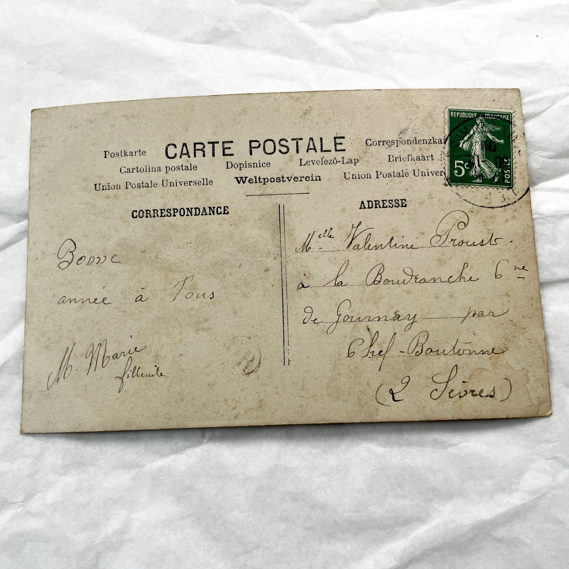 1900s - French New Year Postcard - Cheerful Young Girl in Hat - Hand-Tinted Sepia Portrait - Heureuse Annee Greeting - Vintage Ephemera