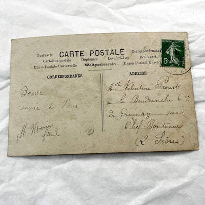 1900s - French New Year Postcard - Cheerful Young Girl in Hat - Hand-Tinted Sepia Portrait - Heureuse Annee Greeting - Vintage Ephemera