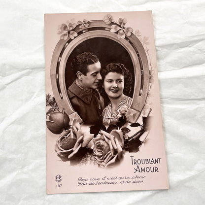 1940s - French Postcard - Romantic Couple Photo - Troublant Amour - Sepia Toned Ephemera - Floral Horseshoe Border - Love Collectible