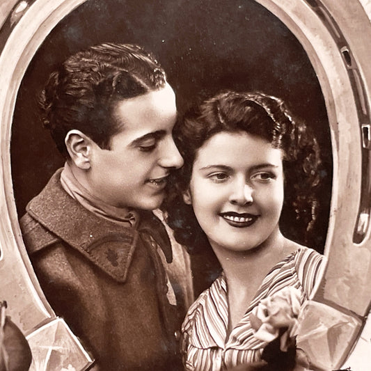 1940s - French Postcard - Romantic Couple Photo - Troublant Amour - Sepia Toned Ephemera - Floral Horseshoe Border - Love Collectible