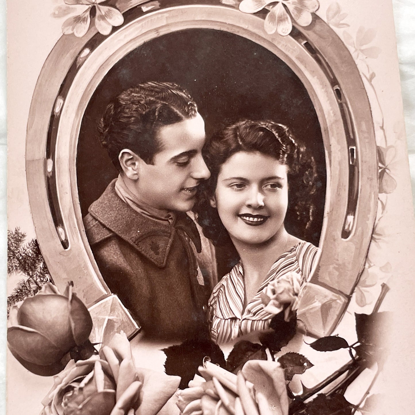 1940s - French Postcard - Romantic Couple Photo - Troublant Amour - Sepia Toned Ephemera - Floral Horseshoe Border - Love Collectible