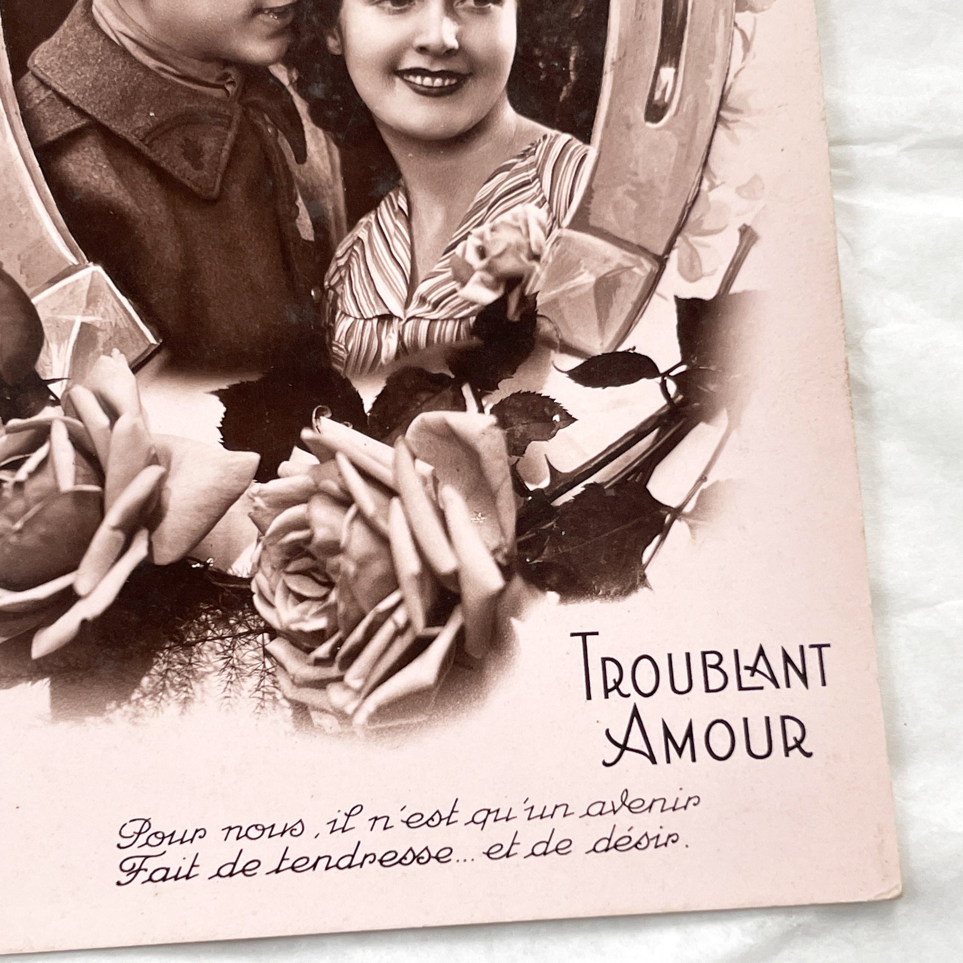 1940s - French Postcard - Romantic Couple Photo - Troublant Amour - Sepia Toned Ephemera - Floral Horseshoe Border - Love Collectible