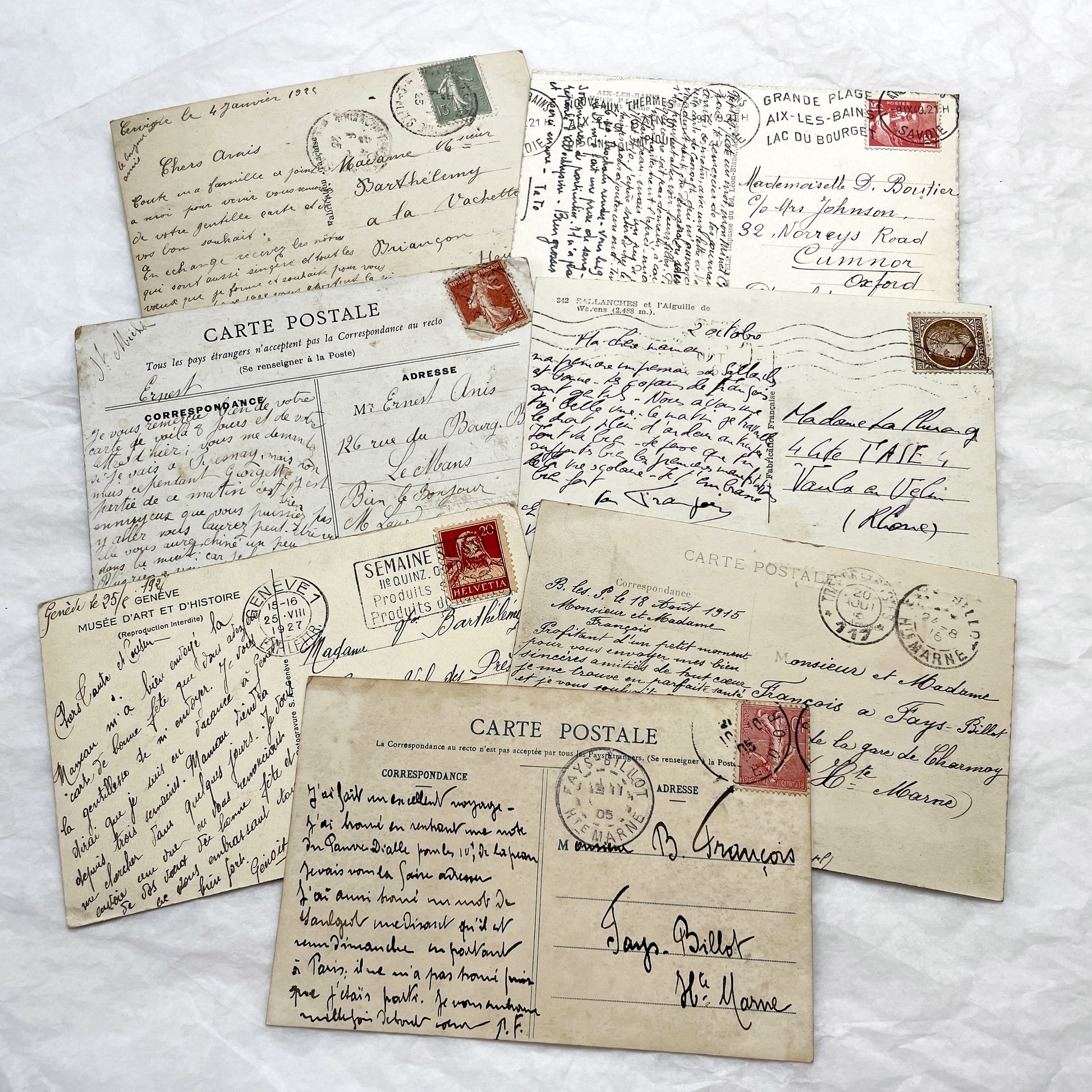 1910s - 1930s - Seven Handwritten Correspondence from France and Switzerland - Collectible Ephemera - Historic Travel