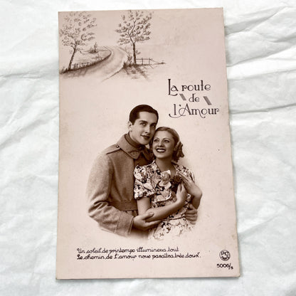 1940s - French Romance Postcard - The Road Of Love Couple Embracing - Sentimental French Card Collectible - Retro Ephemera Art