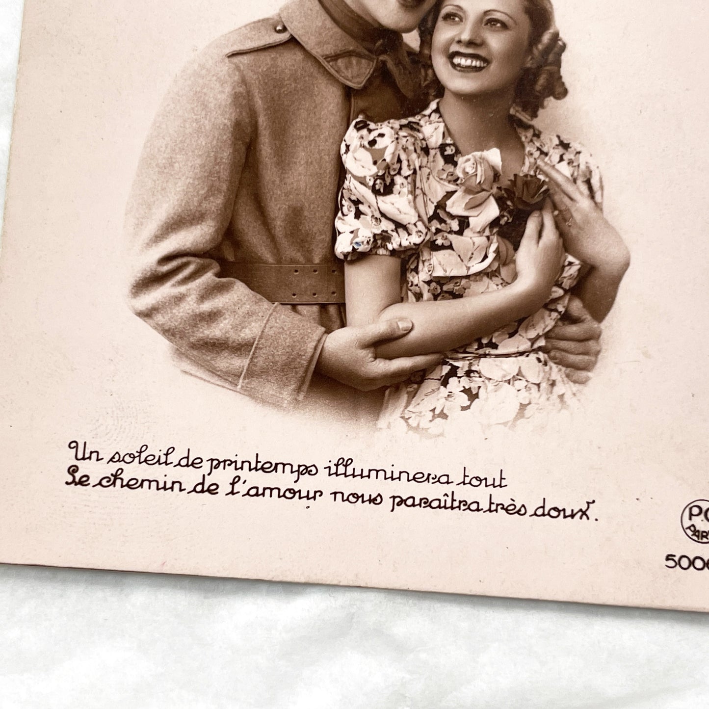 1940s - French Romance Postcard - The Road Of Love Couple Embracing - Sentimental French Card Collectible - Retro Ephemera Art