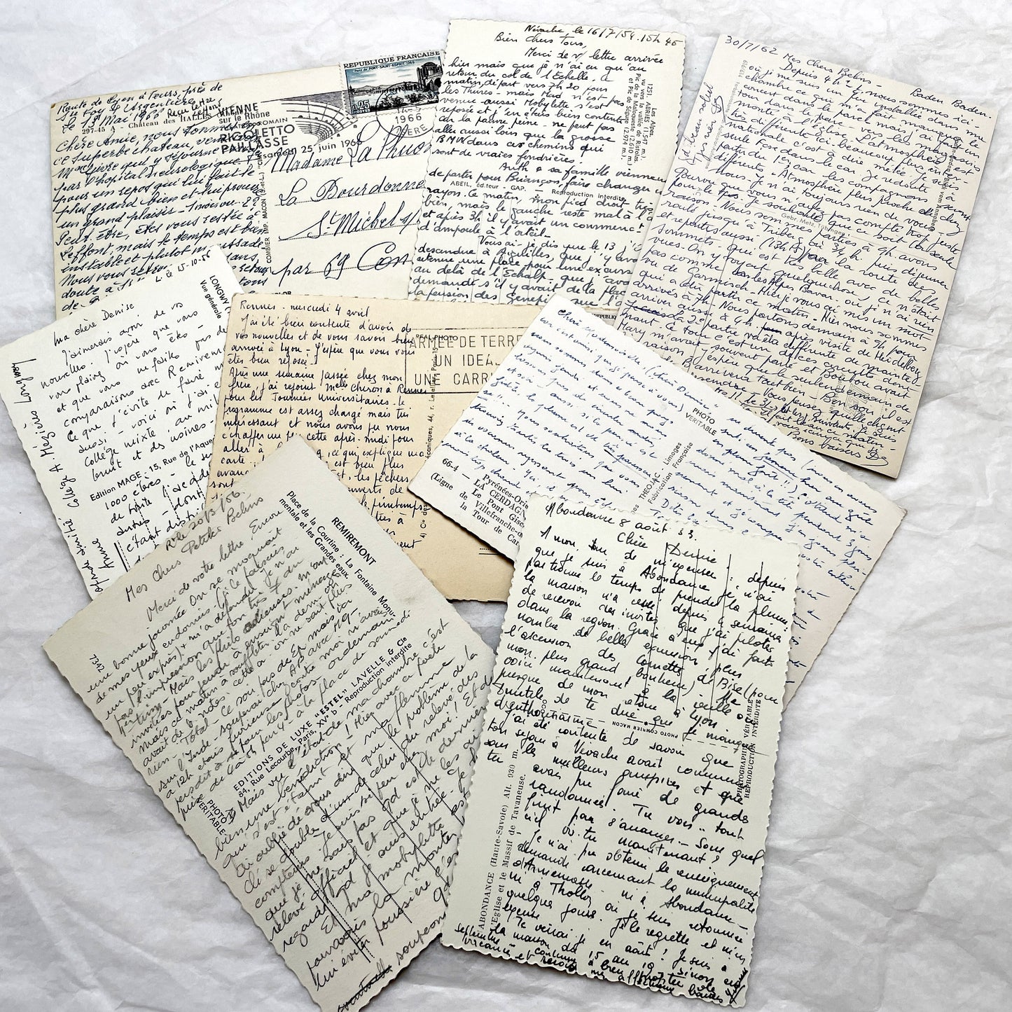 1960s -  Eight French Postcards - Handwritten Correspondence - Travel Mementos - Historical Ephemera - France Germany - Antique Paper Lot