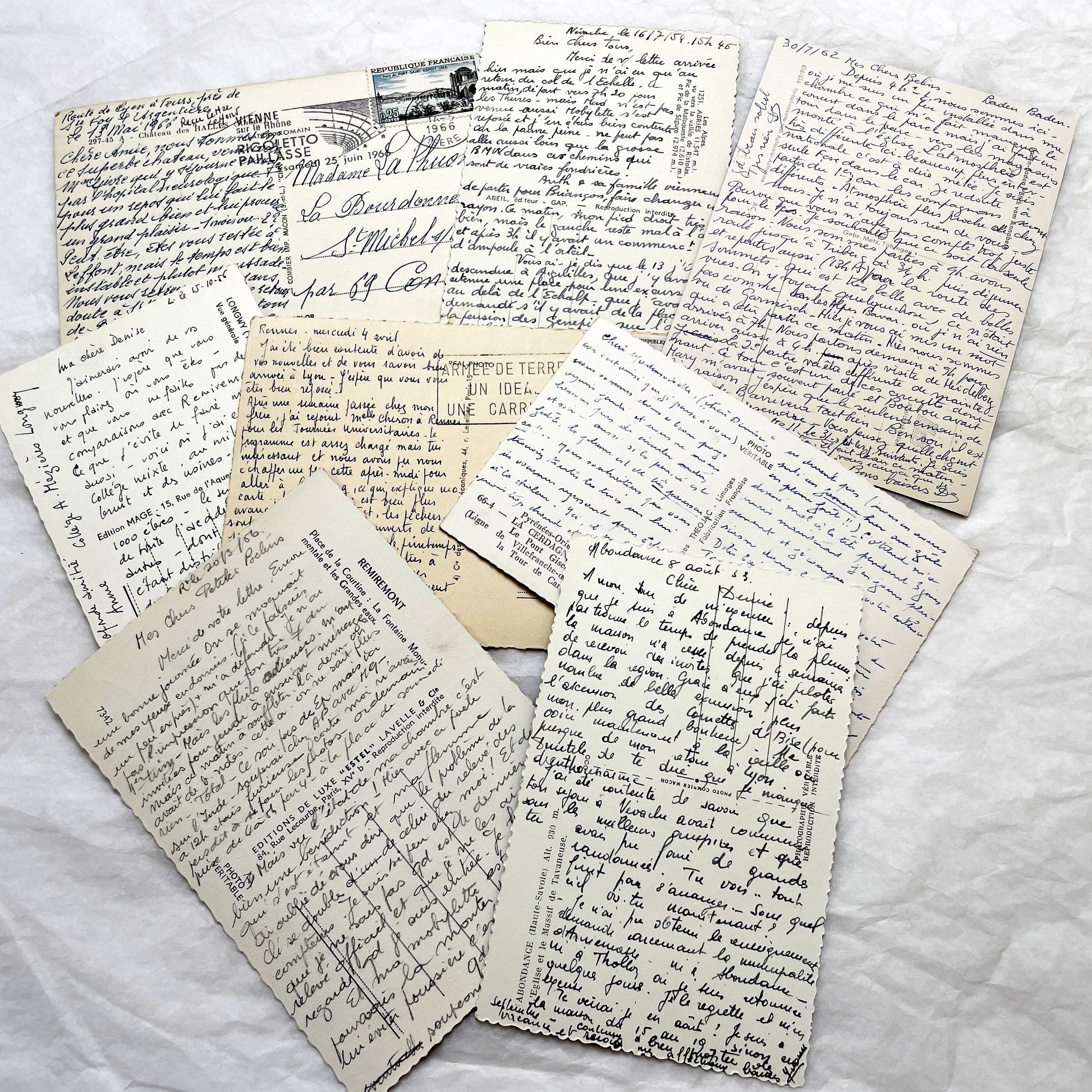 1960s -  Eight French Postcards - Handwritten Correspondence - Travel Mementos - Historical Ephemera - France Germany - Antique Paper Lot