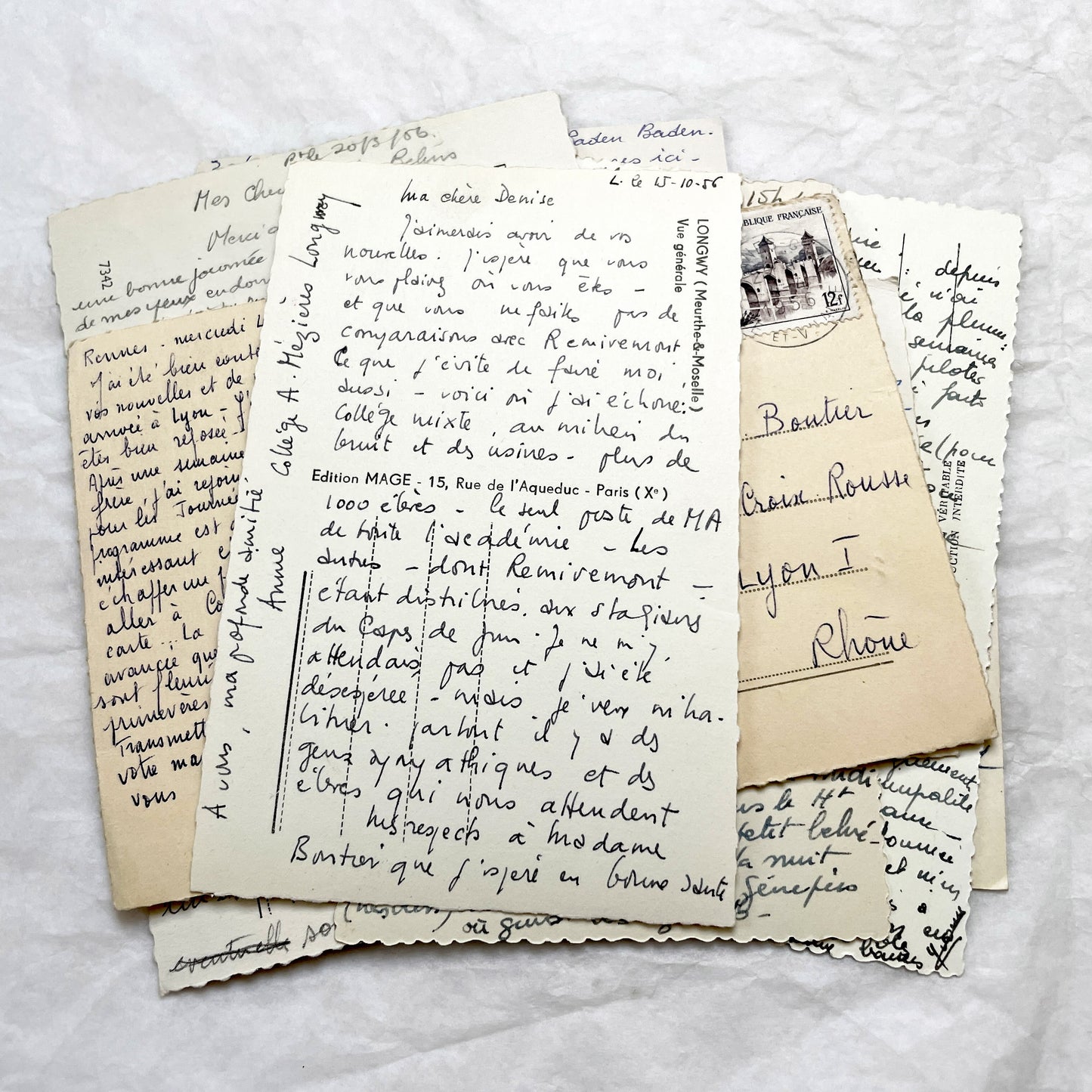 1960s -  Eight French Postcards - Handwritten Correspondence - Travel Mementos - Historical Ephemera - France Germany - Antique Paper Lot