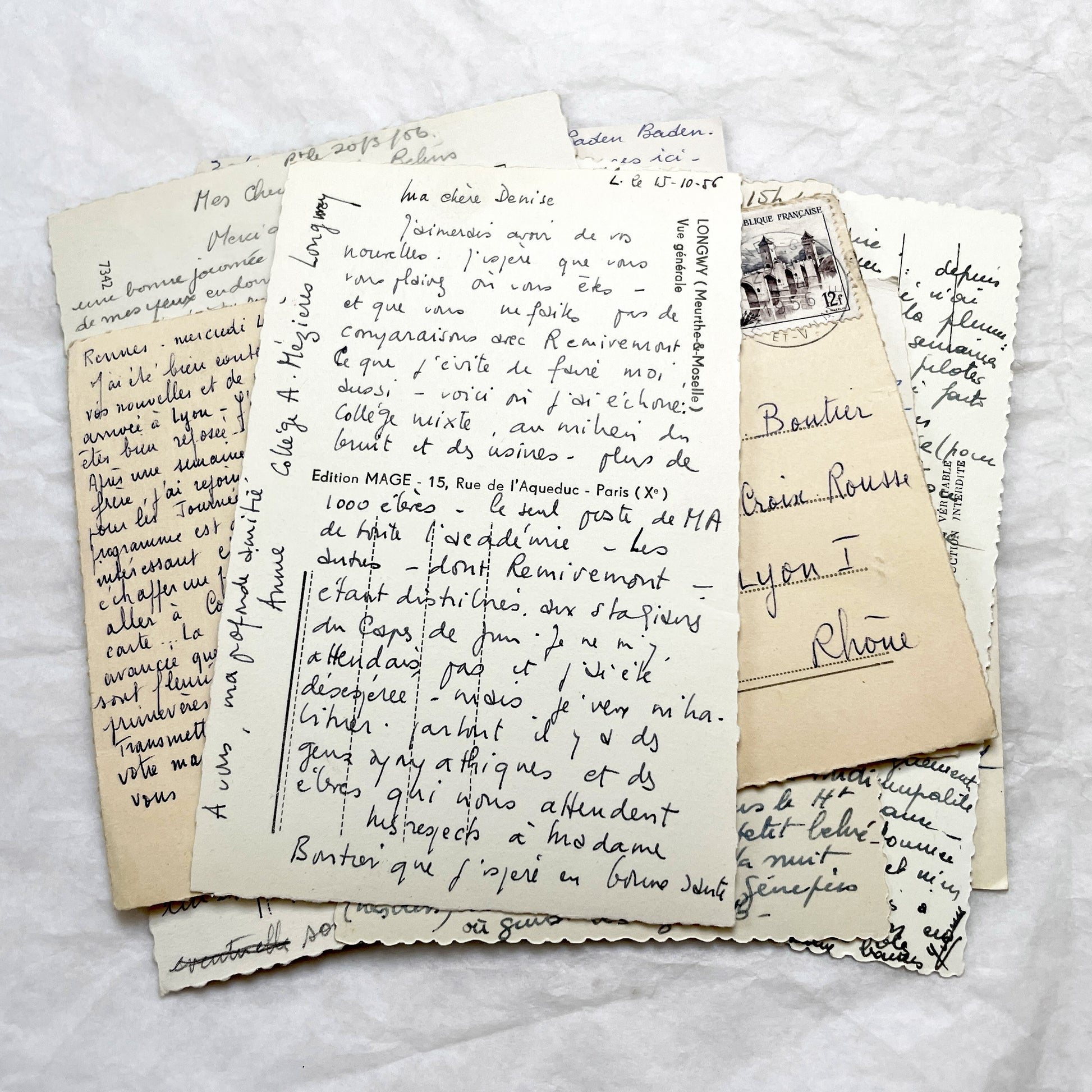 1960s -  Eight French Postcards - Handwritten Correspondence - Travel Mementos - Historical Ephemera - France Germany - Antique Paper Lot