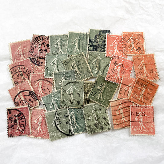 1910s - Set of 30 French Sower Stamps - Vintage Philately Assortment with Historic Postal Markings - France Republic Ephemera