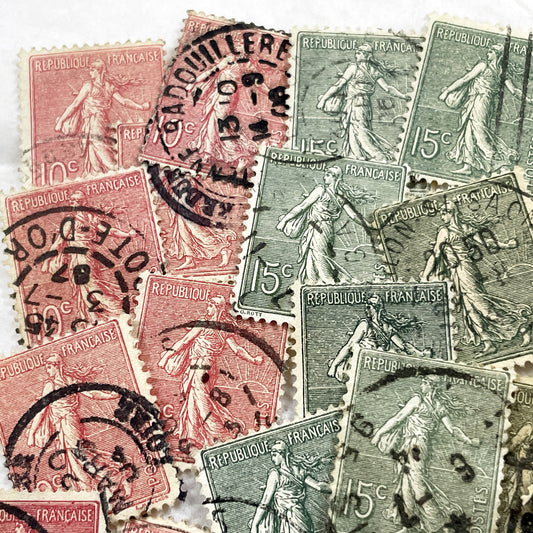 1910s - Set of 30 French Sower Stamps - Vintage Philately Assortment with Historic Postal Markings - France Republic Ephemera