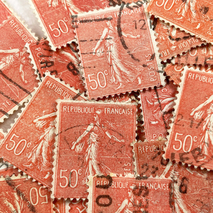 1910s - 30 French Semeuse Postage Stamps - 50c Republique Francaise - Vintage Philatelic Collectible - Used - Old Ephemera