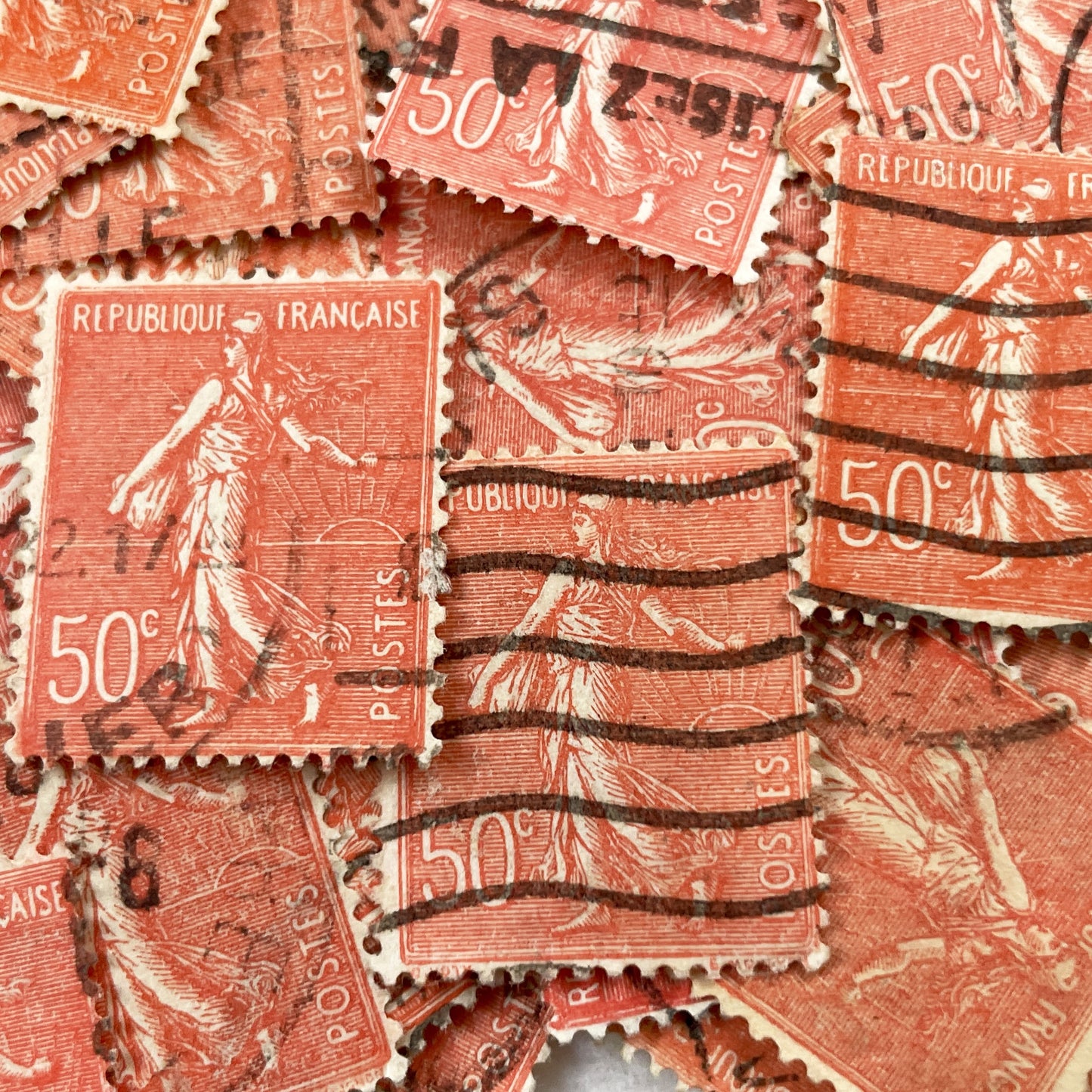 1910s - 30 French Semeuse Postage Stamps - 50c Republique Francaise - Vintage Philatelic Collectible - Used - Old Ephemera