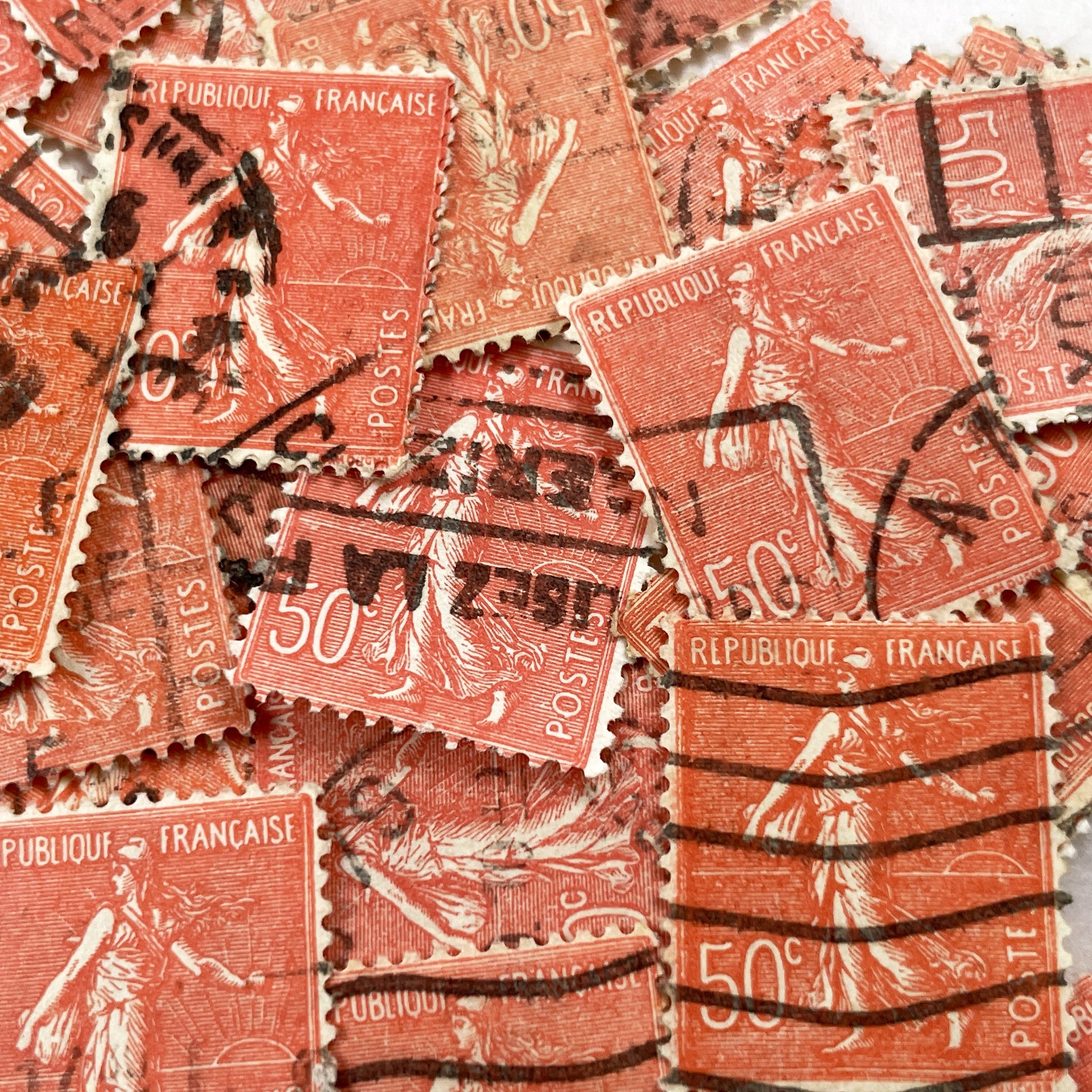 1910s - 30 French Semeuse Postage Stamps - 50c Republique Francaise - Vintage Philatelic Collectible - Used - Old Ephemera