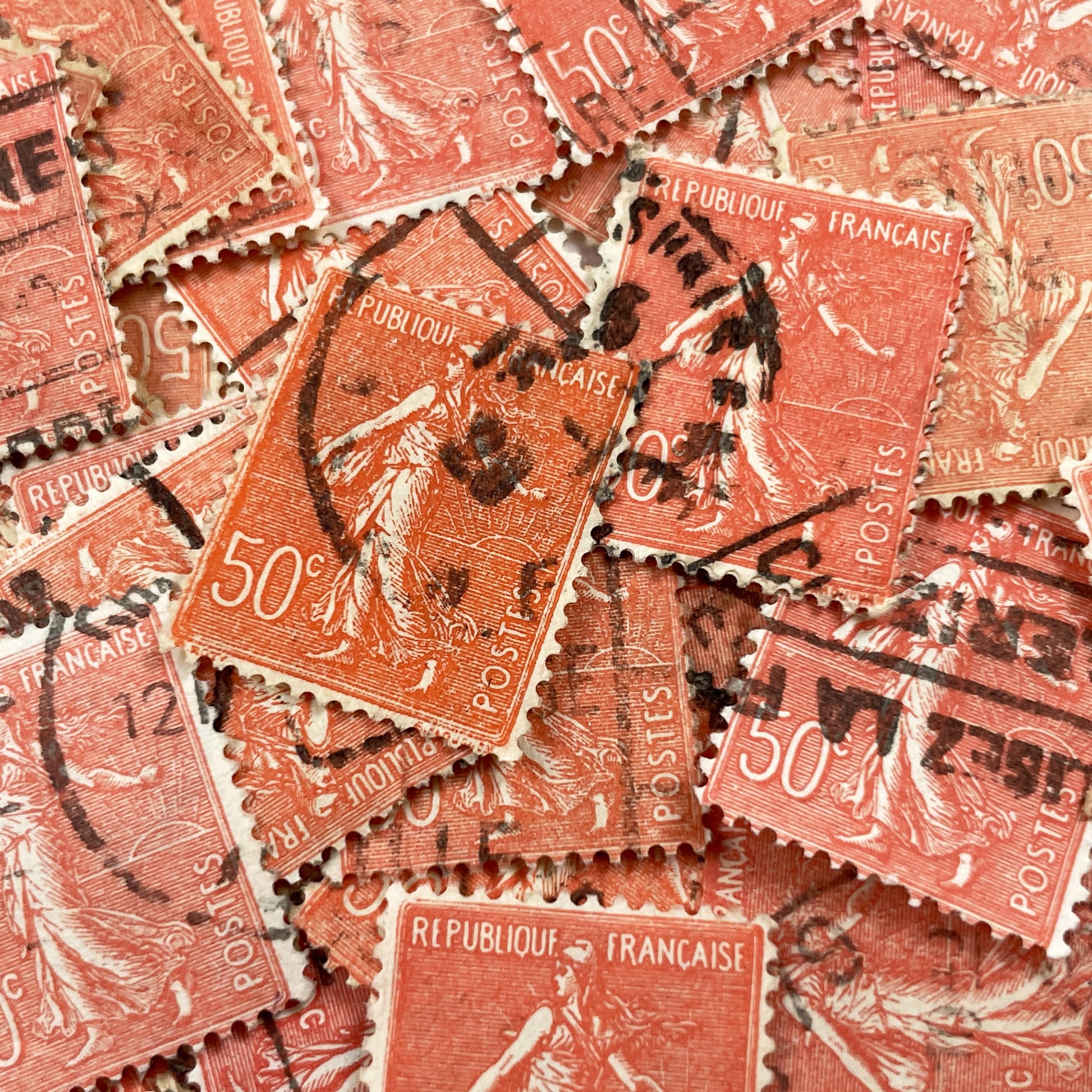 1910s - 30 French Semeuse Postage Stamps - 50c Republique Francaise - Vintage Philatelic Collectible - Used - Old Ephemera