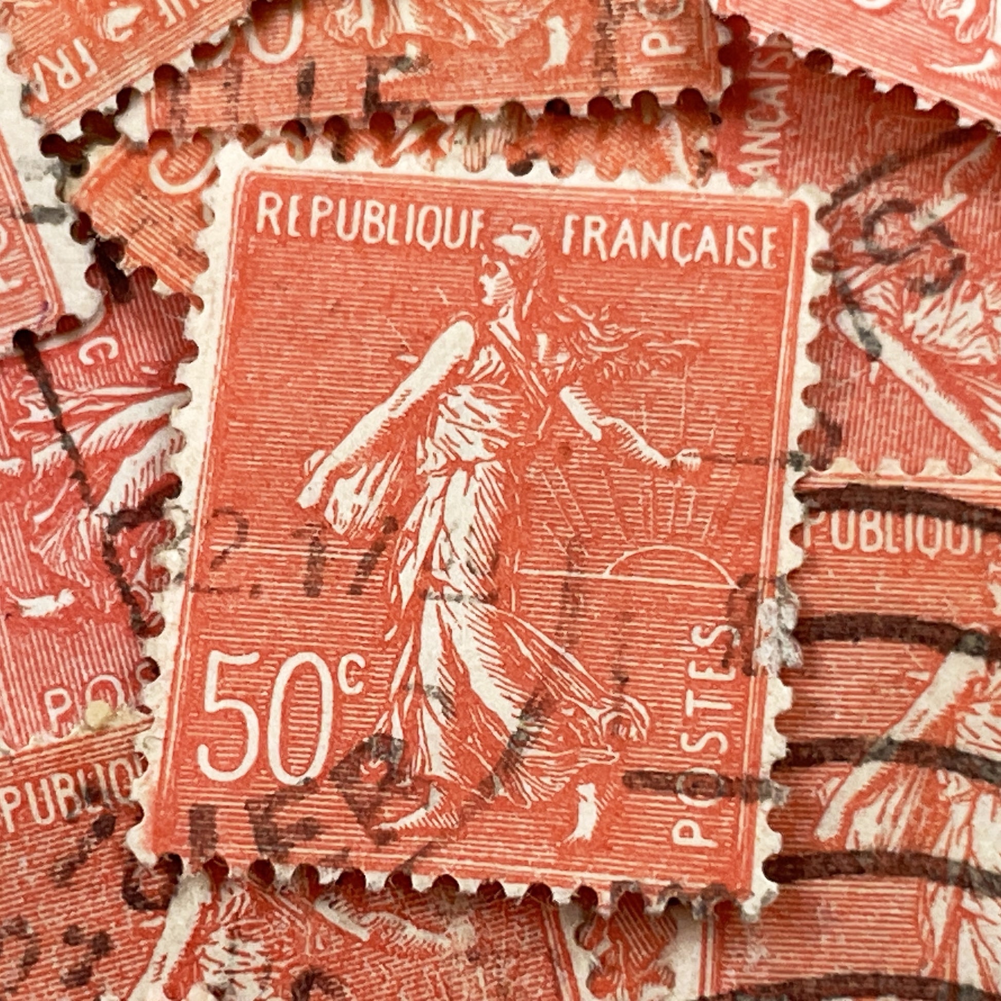 1910s - 30 French Semeuse Postage Stamps - 50c Republique Francaise - Vintage Philatelic Collectible - Used - Old Ephemera