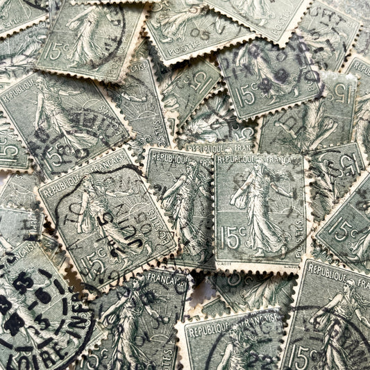 1910s - 30 French Republic Sower Stamps - Vintage 15 Centimes Green Postage - Allegorical Figure - Old European Collectibles Lot