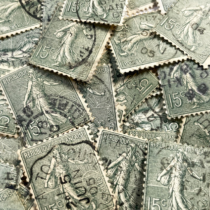 1910s - 30 French Republic Sower Stamps - Vintage 15 Centimes Green Postage - Allegorical Figure - Old European Collectibles Lot