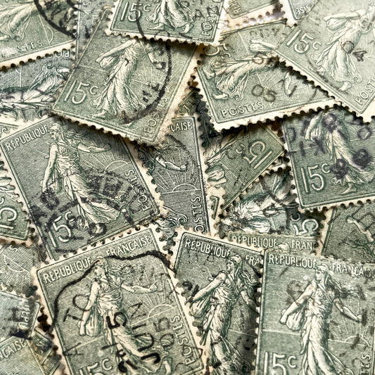 1910s - 30 French Republic Sower Stamps - Vintage 15 Centimes Green Postage - Allegorical Figure - Old European Collectibles Lot