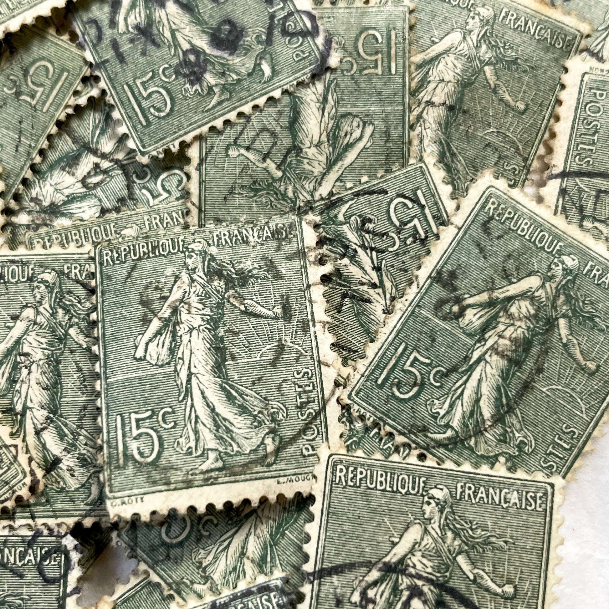 1910s - 30 French Republic Sower Stamps - Vintage 15 Centimes Green Postage - Allegorical Figure - Old European Collectibles Lot
