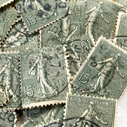 1910s - 30 French Republic Sower Stamps - Vintage 15 Centimes Green Postage - Allegorical Figure - Old European Collectibles Lot