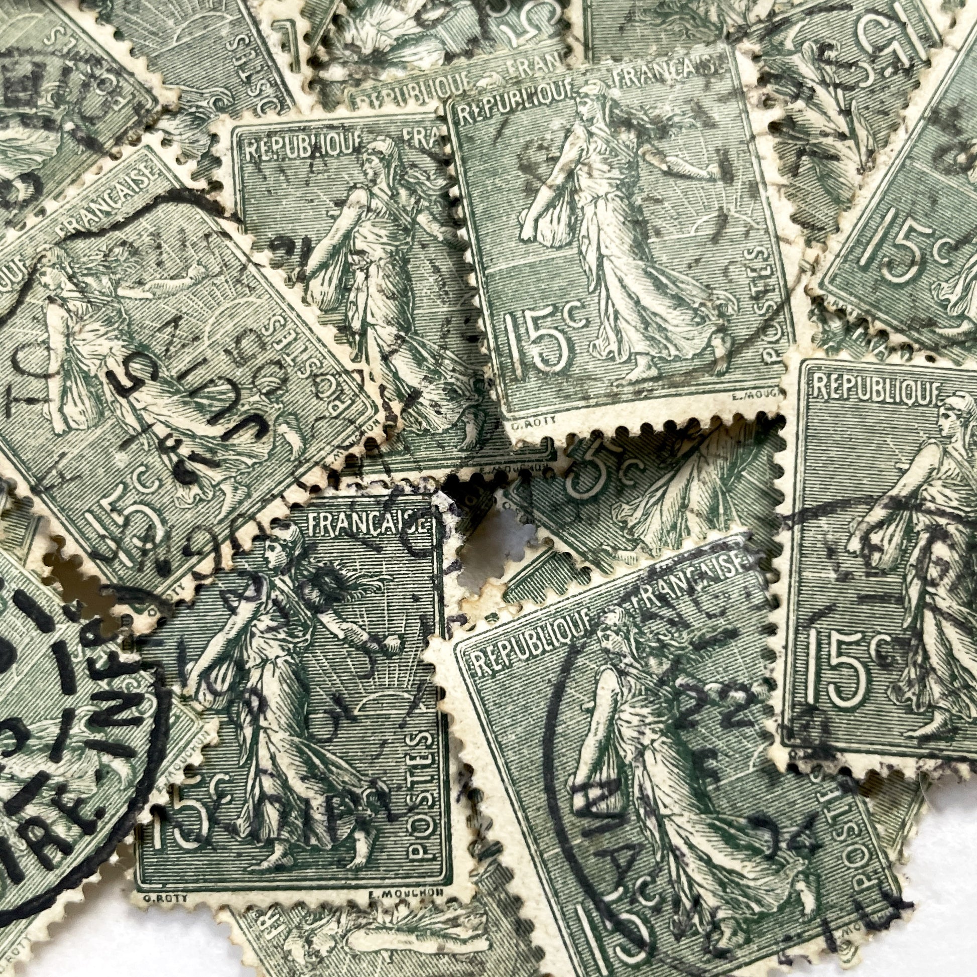 1910s - 30 French Republic Sower Stamps - Vintage 15 Centimes Green Postage - Allegorical Figure - Old European Collectibles Lot